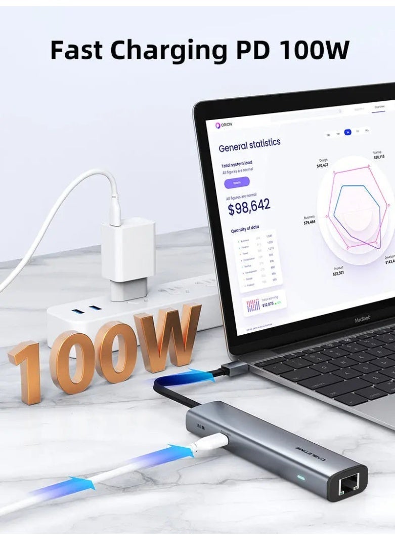 كابل تايم محول متعدد الاستخدامات 7 في 1: منفذ USB-C إلى منفذي USB 3.0 + منفذ HDMI يدعم دقة 4K بمعدل 60 هرتز + شحن سريع بقدرة 100 واط + منفذ بطاقة SD/TF 3.0 - Image 4